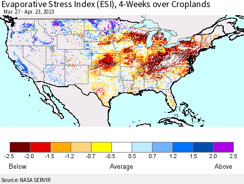 United States Evaporative Stress Index (ESI), 4-Weeks over Croplands Thematic Map For 4/17/2023 - 4/23/2023