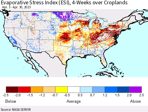 United States Evaporative Stress Index (ESI), 4-Weeks over Croplands Thematic Map For 4/24/2023 - 4/30/2023