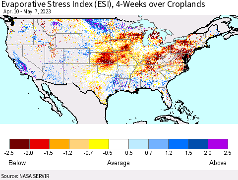 United States Evaporative Stress Index (ESI), 4-Weeks over Croplands Thematic Map For 5/1/2023 - 5/7/2023