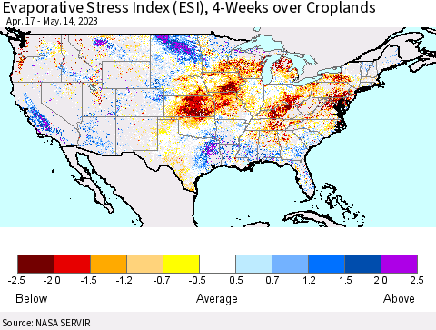 United States Evaporative Stress Index (ESI), 4-Weeks over Croplands Thematic Map For 5/8/2023 - 5/14/2023