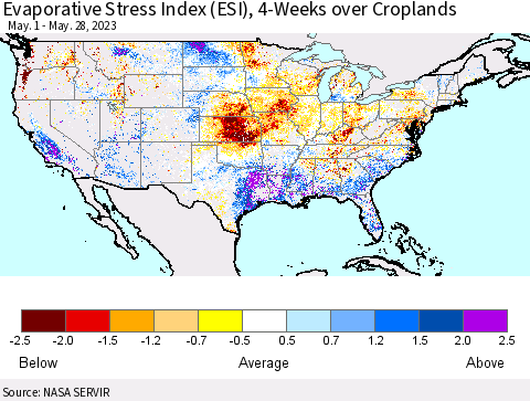 United States Evaporative Stress Index (ESI), 4-Weeks over Croplands Thematic Map For 5/22/2023 - 5/28/2023