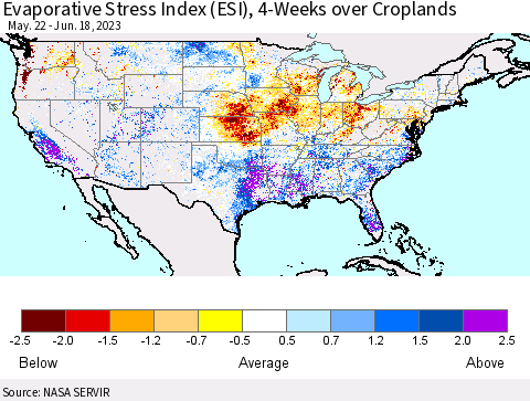 United States Evaporative Stress Index (ESI), 4-Weeks over Croplands Thematic Map For 6/12/2023 - 6/18/2023