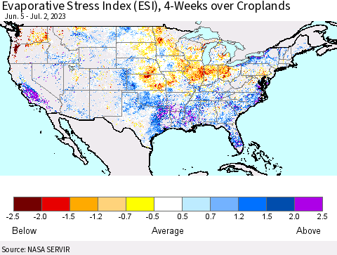 United States Evaporative Stress Index (ESI), 4-Weeks over Croplands Thematic Map For 6/26/2023 - 7/2/2023