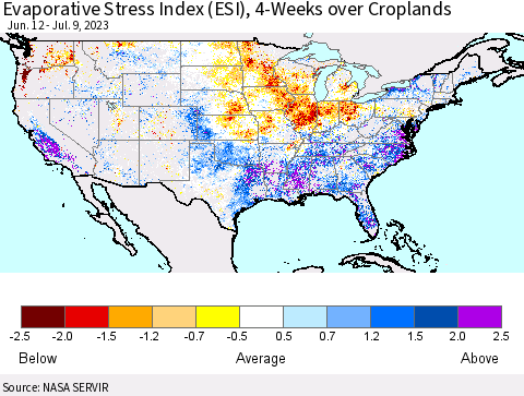 United States Evaporative Stress Index (ESI), 4-Weeks over Croplands Thematic Map For 7/3/2023 - 7/9/2023
