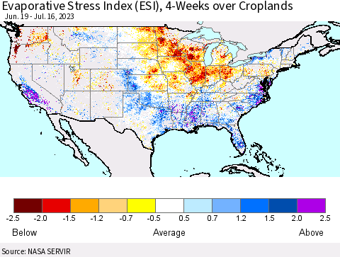 United States Evaporative Stress Index (ESI), 4-Weeks over Croplands Thematic Map For 7/10/2023 - 7/16/2023