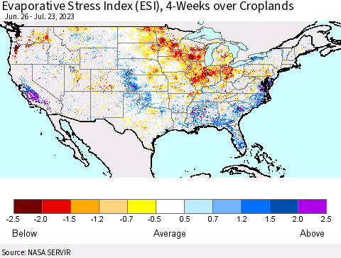United States Evaporative Stress Index (ESI), 4-Weeks over Croplands Thematic Map For 7/17/2023 - 7/23/2023