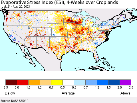 United States Evaporative Stress Index (ESI), 4-Weeks over Croplands Thematic Map For 8/14/2023 - 8/20/2023