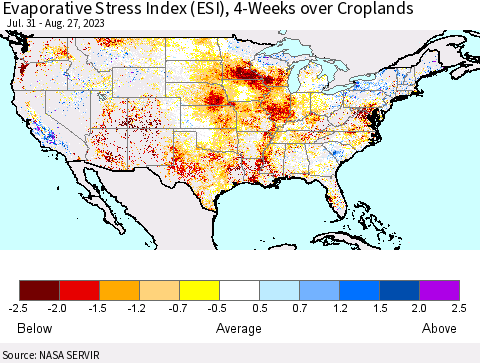United States Evaporative Stress Index (ESI), 4-Weeks over Croplands Thematic Map For 8/21/2023 - 8/27/2023