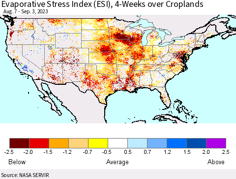 United States Evaporative Stress Index (ESI), 4-Weeks over Croplands Thematic Map For 8/28/2023 - 9/3/2023