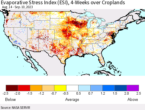 United States Evaporative Stress Index (ESI), 4-Weeks over Croplands Thematic Map For 9/4/2023 - 9/10/2023
