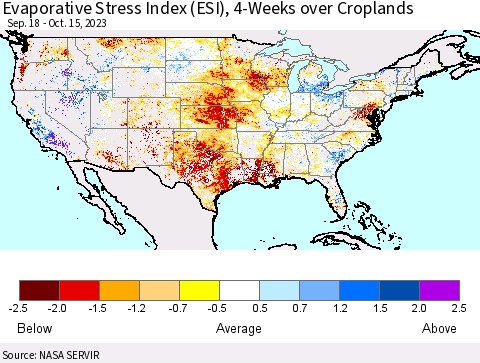 United States Evaporative Stress Index (ESI), 4-Weeks over Croplands Thematic Map For 10/9/2023 - 10/15/2023