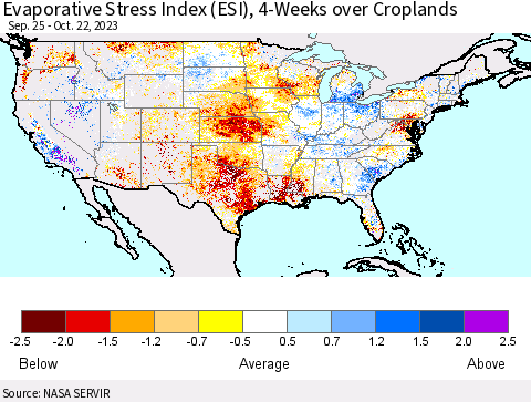 United States Evaporative Stress Index (ESI), 4-Weeks over Croplands Thematic Map For 10/16/2023 - 10/22/2023
