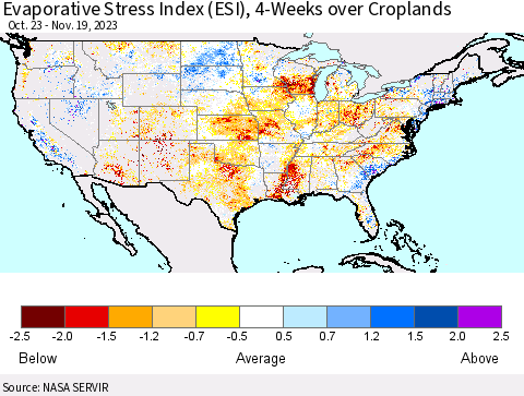 United States Evaporative Stress Index (ESI), 4-Weeks over Croplands Thematic Map For 11/13/2023 - 11/19/2023