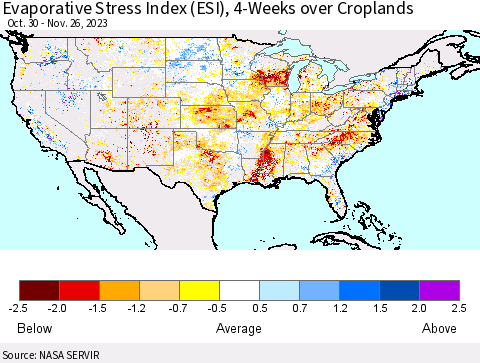 United States Evaporative Stress Index (ESI), 4-Weeks over Croplands Thematic Map For 11/20/2023 - 11/26/2023