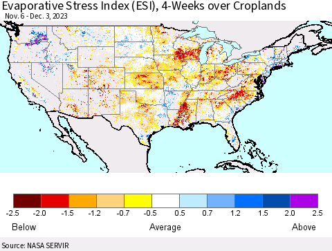 United States Evaporative Stress Index (ESI), 4-Weeks over Croplands Thematic Map For 11/27/2023 - 12/3/2023