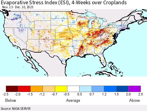 United States Evaporative Stress Index (ESI), 4-Weeks over Croplands Thematic Map For 12/4/2023 - 12/10/2023