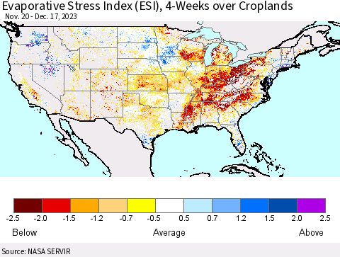 United States Evaporative Stress Index (ESI), 4-Weeks over Croplands Thematic Map For 12/11/2023 - 12/17/2023