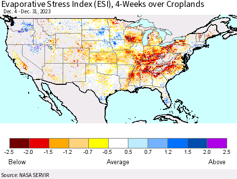 United States Evaporative Stress Index (ESI), 4-Weeks over Croplands Thematic Map For 12/25/2023 - 12/31/2023