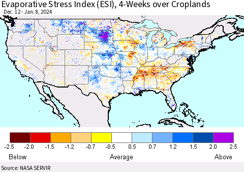 United States Evaporative Stress Index (ESI), 4-Weeks over Croplands Thematic Map For 1/8/2024 - 1/14/2024