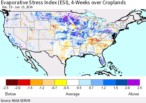 United States Evaporative Stress Index (ESI), 4-Weeks over Croplands Thematic Map For 1/15/2024 - 1/21/2024
