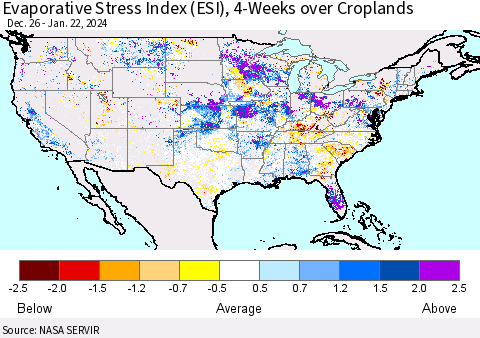 United States Evaporative Stress Index (ESI), 4-Weeks over Croplands Thematic Map For 1/22/2024 - 1/28/2024