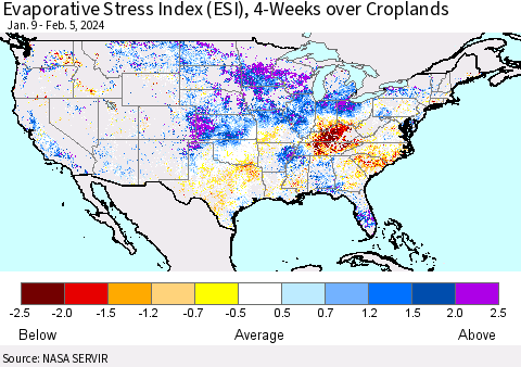 United States Evaporative Stress Index (ESI), 4-Weeks over Croplands Thematic Map For 2/5/2024 - 2/11/2024