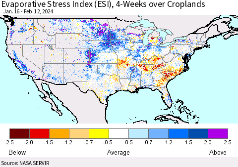 United States Evaporative Stress Index (ESI), 4-Weeks over Croplands Thematic Map For 2/12/2024 - 2/18/2024