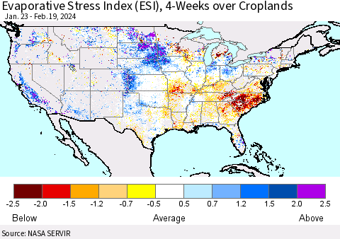 United States Evaporative Stress Index (ESI), 4-Weeks over Croplands Thematic Map For 2/19/2024 - 2/25/2024