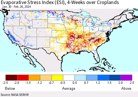 United States Evaporative Stress Index (ESI), 4-Weeks over Croplands Thematic Map For 2/26/2024 - 3/3/2024