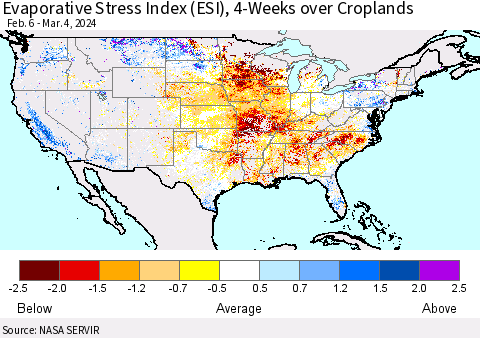 United States Evaporative Stress Index (ESI), 4-Weeks over Croplands Thematic Map For 3/4/2024 - 3/10/2024