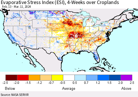 United States Evaporative Stress Index (ESI), 4-Weeks over Croplands Thematic Map For 3/11/2024 - 3/17/2024