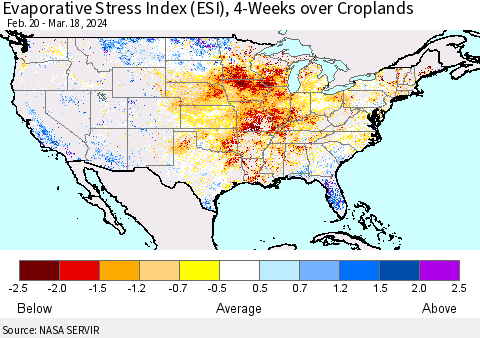 United States Evaporative Stress Index (ESI), 4-Weeks over Croplands Thematic Map For 3/18/2024 - 3/24/2024