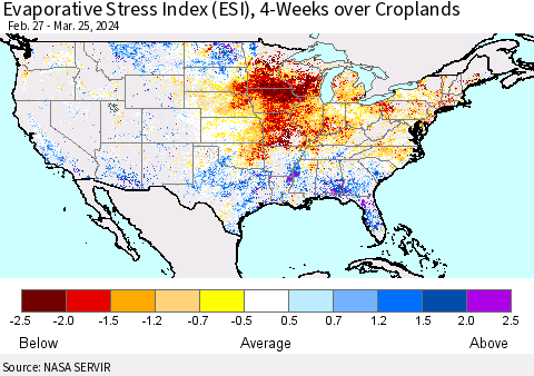 United States Evaporative Stress Index (ESI), 4-Weeks over Croplands Thematic Map For 3/25/2024 - 3/31/2024