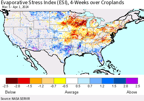 United States Evaporative Stress Index (ESI), 4-Weeks over Croplands Thematic Map For 4/1/2024 - 4/7/2024