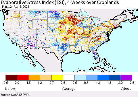 United States Evaporative Stress Index (ESI), 4-Weeks over Croplands Thematic Map For 4/8/2024 - 4/14/2024
