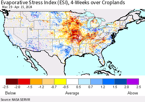 United States Evaporative Stress Index (ESI), 4-Weeks over Croplands Thematic Map For 4/15/2024 - 4/21/2024