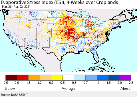 United States Evaporative Stress Index (ESI), 4-Weeks over Croplands Thematic Map For 4/22/2024 - 4/28/2024