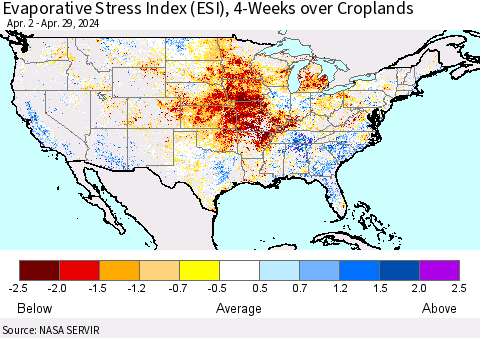 United States Evaporative Stress Index (ESI), 4-Weeks over Croplands Thematic Map For 4/29/2024 - 5/5/2024