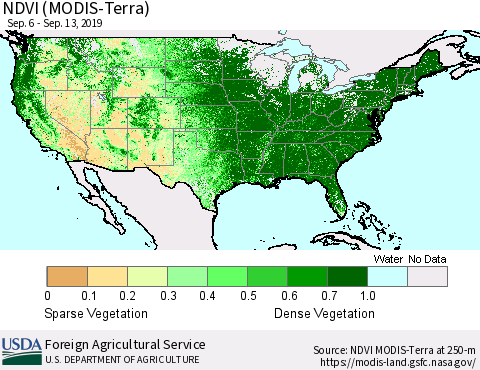 United States NDVI (Terra-MODIS) Thematic Map For 9/11/2019 - 9/20/2019