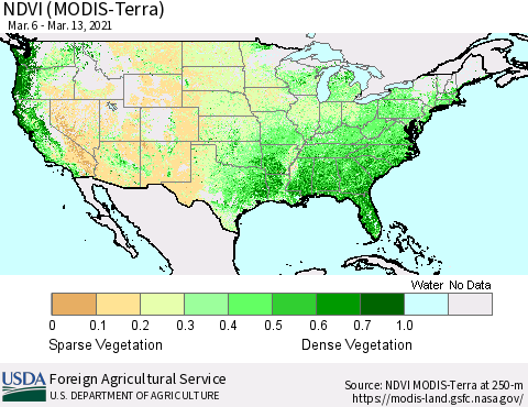 United States NDVI (Terra-MODIS) Thematic Map For 3/11/2021 - 3/20/2021
