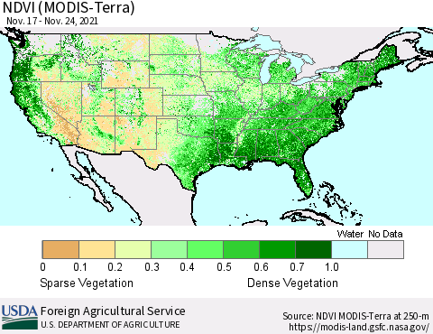 United States NDVI (Terra-MODIS) Thematic Map For 11/21/2021 - 11/30/2021