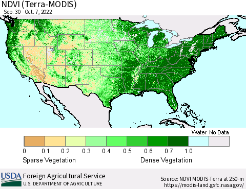 United States NDVI (Terra-MODIS) Thematic Map For 10/1/2022 - 10/10/2022