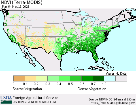 United States NDVI (Terra-MODIS) Thematic Map For 3/11/2023 - 3/20/2023