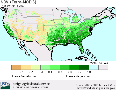 United States NDVI (Terra-MODIS) Thematic Map For 4/1/2023 - 4/10/2023