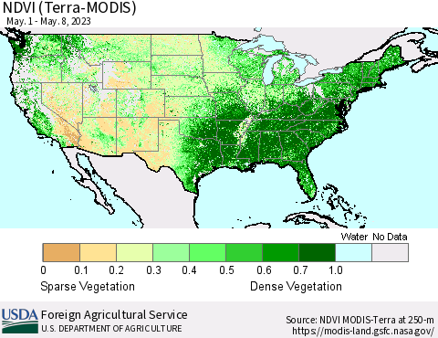 United States NDVI (Terra-MODIS) Thematic Map For 5/1/2023 - 5/10/2023