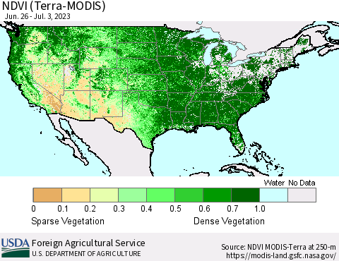 United States NDVI (Terra-MODIS) Thematic Map For 7/1/2023 - 7/10/2023