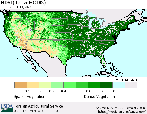 United States NDVI (Terra-MODIS) Thematic Map For 7/11/2023 - 7/20/2023
