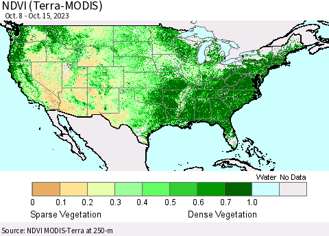 United States NDVI (Terra-MODIS) Thematic Map For 10/8/2023 - 10/15/2023