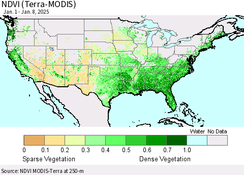 United States NDVI (Terra-MODIS) Thematic Map For 1/1/2025 - 1/8/2025