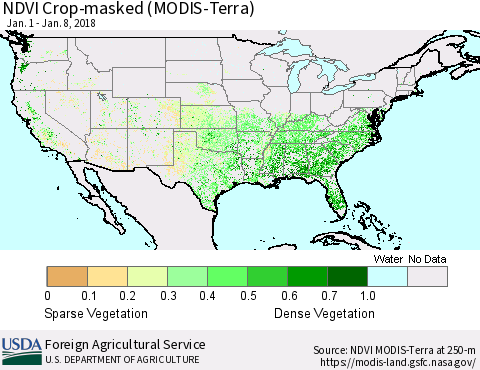 United States Cropland NDVI (Terra-MODIS) Thematic Map For 1/1/2018 - 1/10/2018